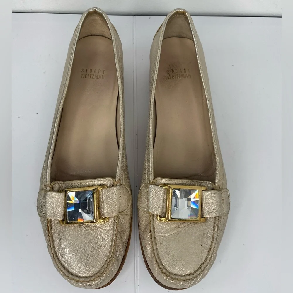 Stuart Weiztman Gold Metallic Womens Loafers w Decorative Crystal Hardware